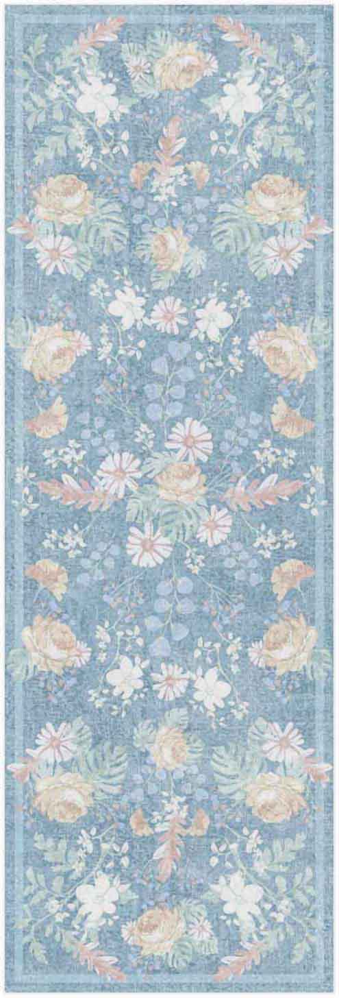 Pastel blue floral runner rug with pink roses, white daisies and green leaves; decorative border.