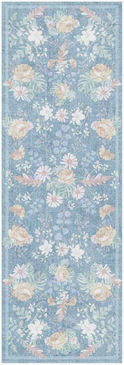 Pastel blue floral runner rug with pink roses, white daisies and green leaves; decorative border.