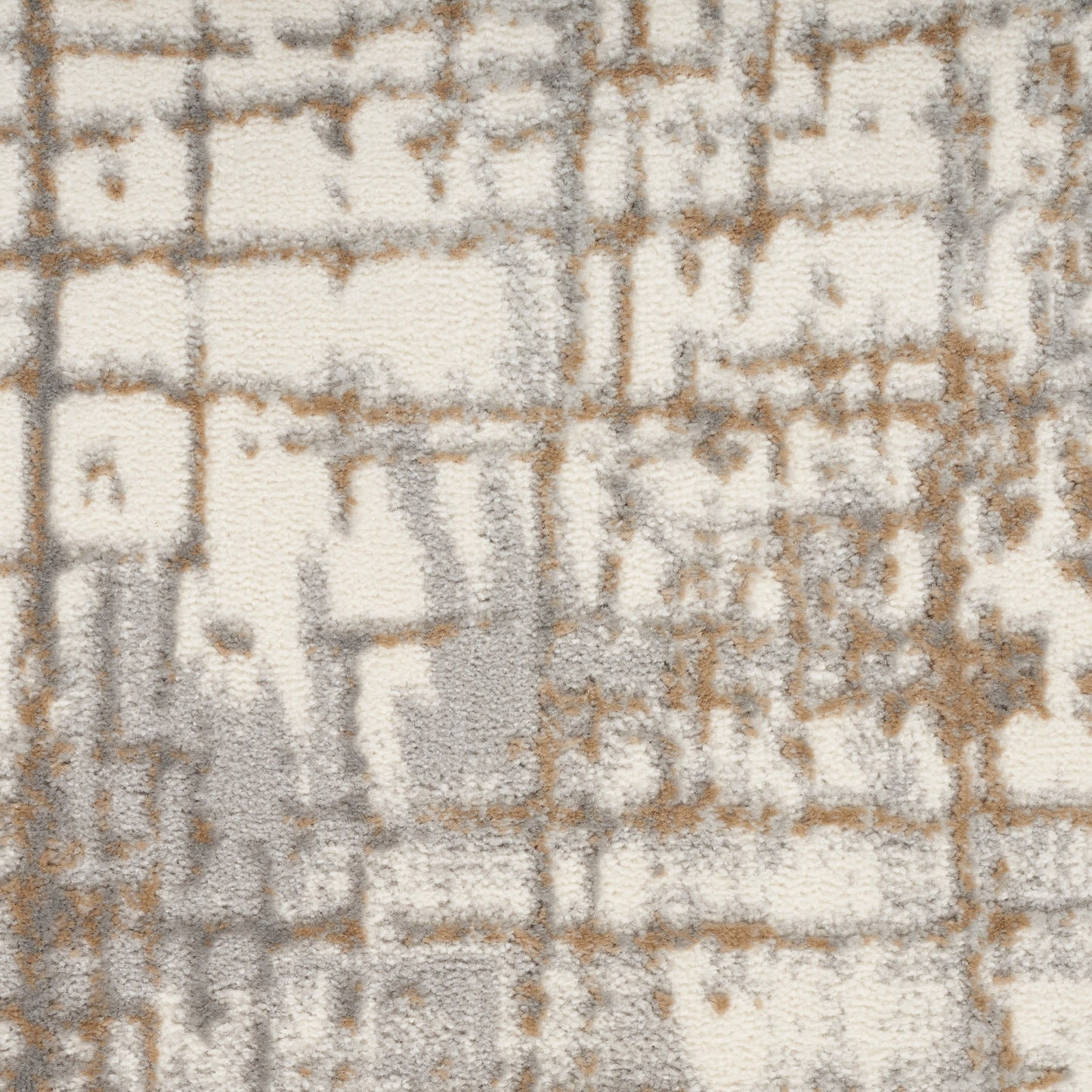 Cream, beige & gray abstract geometric rug with textured pile and brown accents; modern neutral decor.