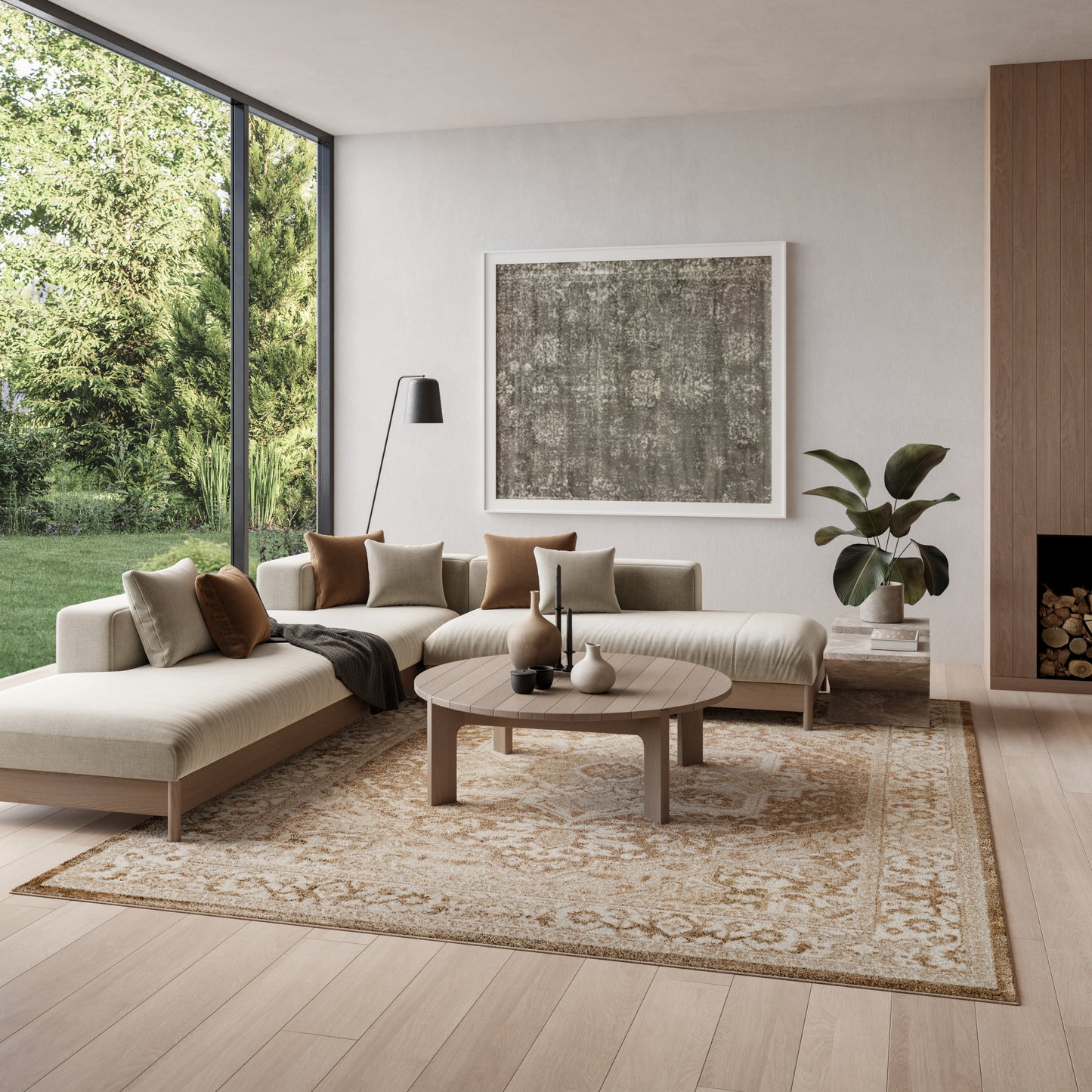 Vintage rug, 8' x 10', neutral tones on the floor of a modern living room.