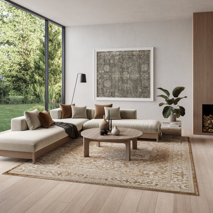 Vintage rug, 8' x 10', neutral tones on the floor of a modern living room.