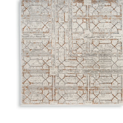 Neutral gray rug with tan geometric lattice pattern, woven texture, modern rectangular motif, low-pile.