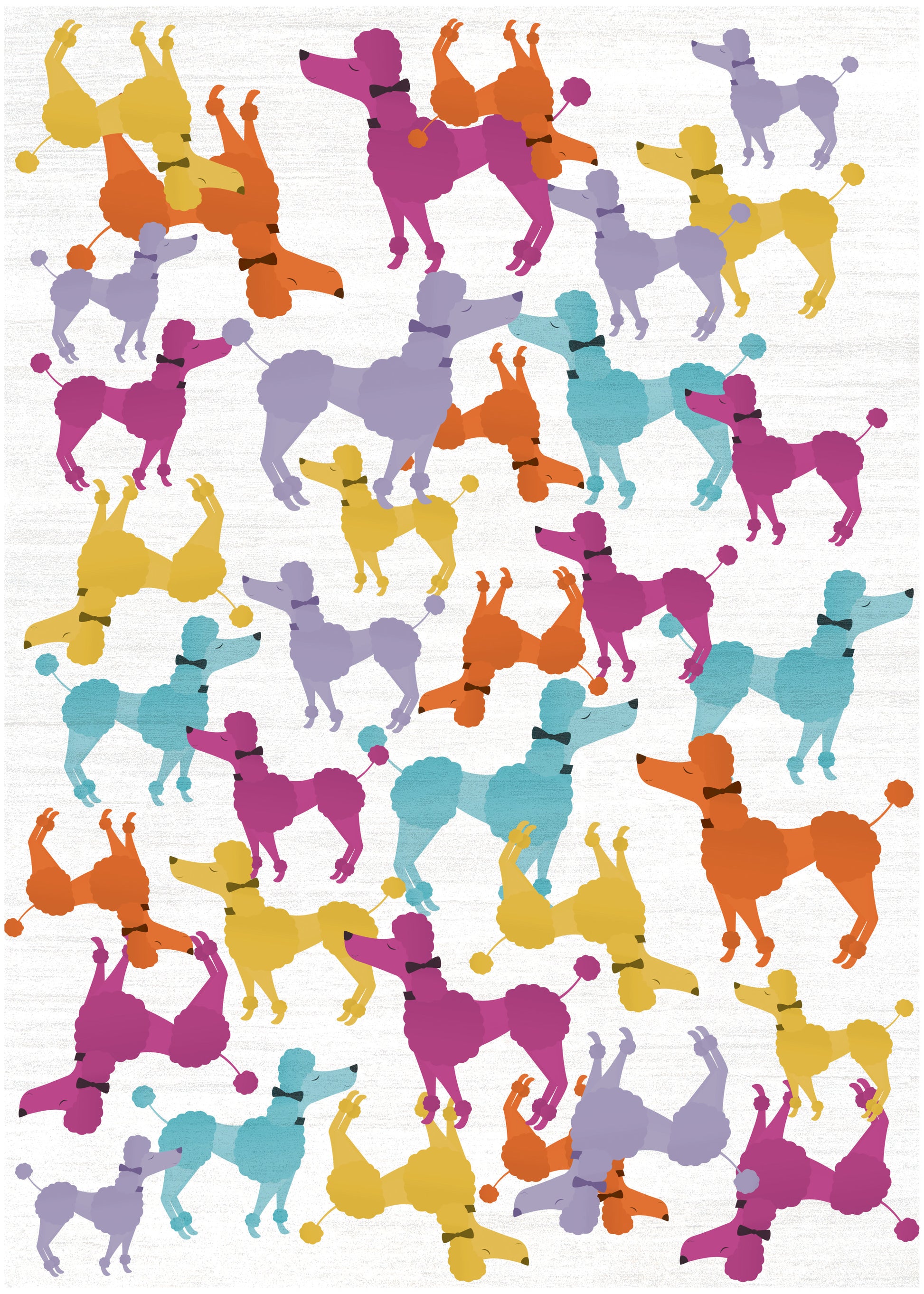 Repeating pattern of colorful poodle silhouettes in yellow, purple, orange, teal on a light textured background; dog print.