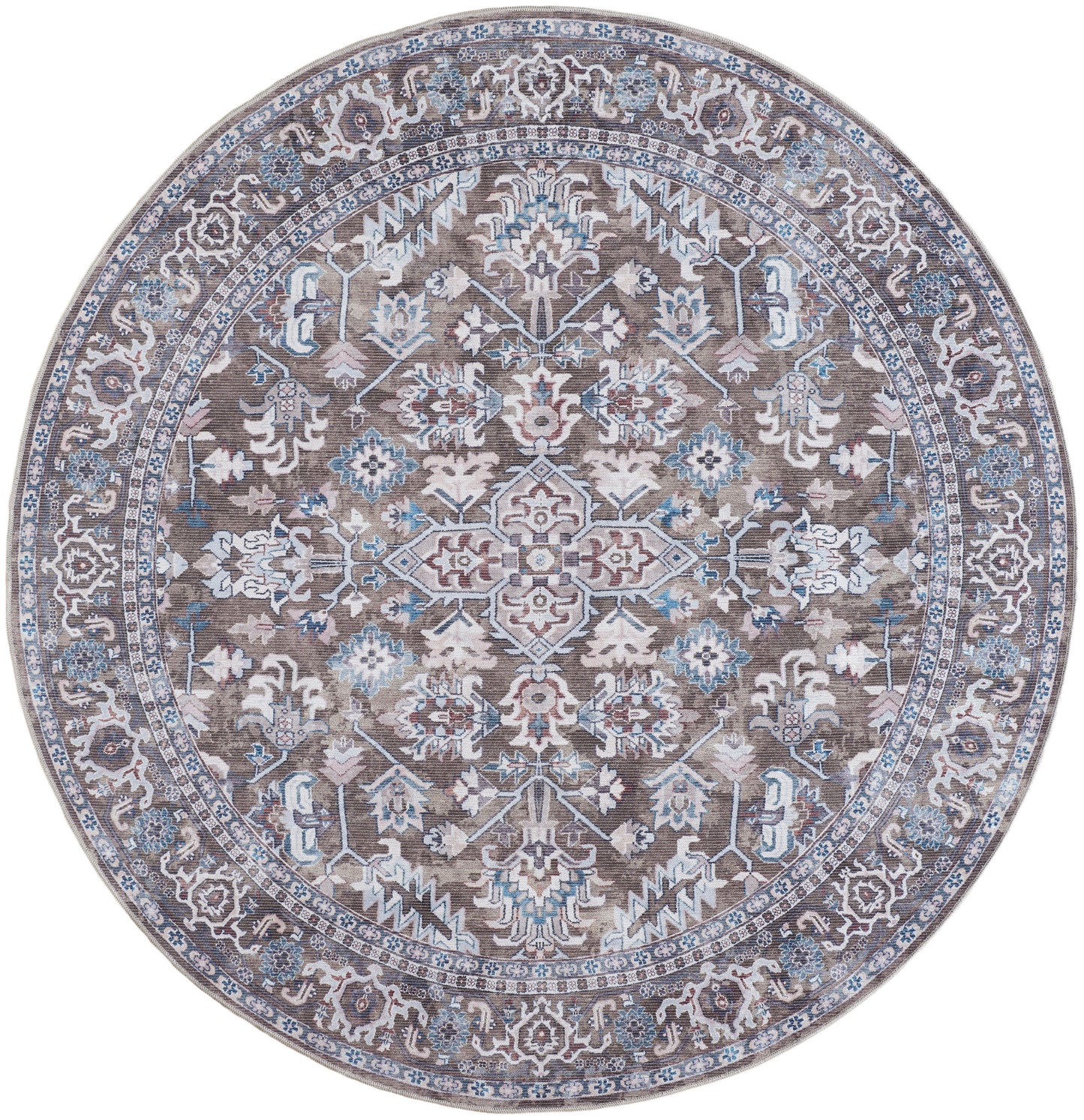 Round Persian-style rug with a detailed central floral medallion in ivory and blue on taupe, with ornate border patterns.