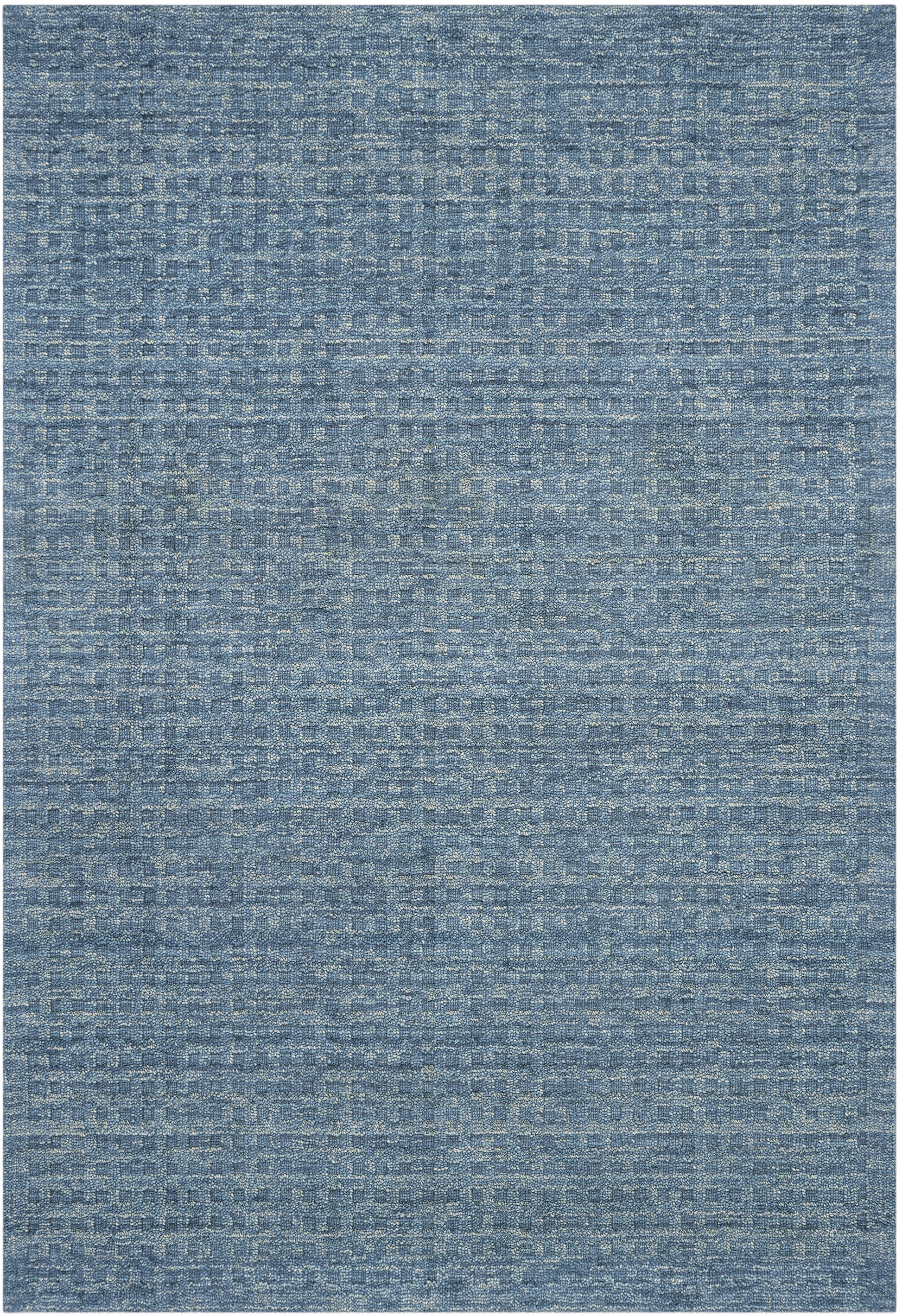 Blue textured woven rug with subtle variegation and a soft, distressed-look surface.