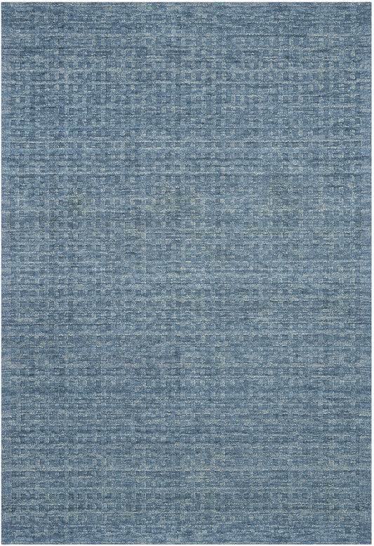 Blue textured woven rug with subtle variegation and a soft, distressed-look surface.