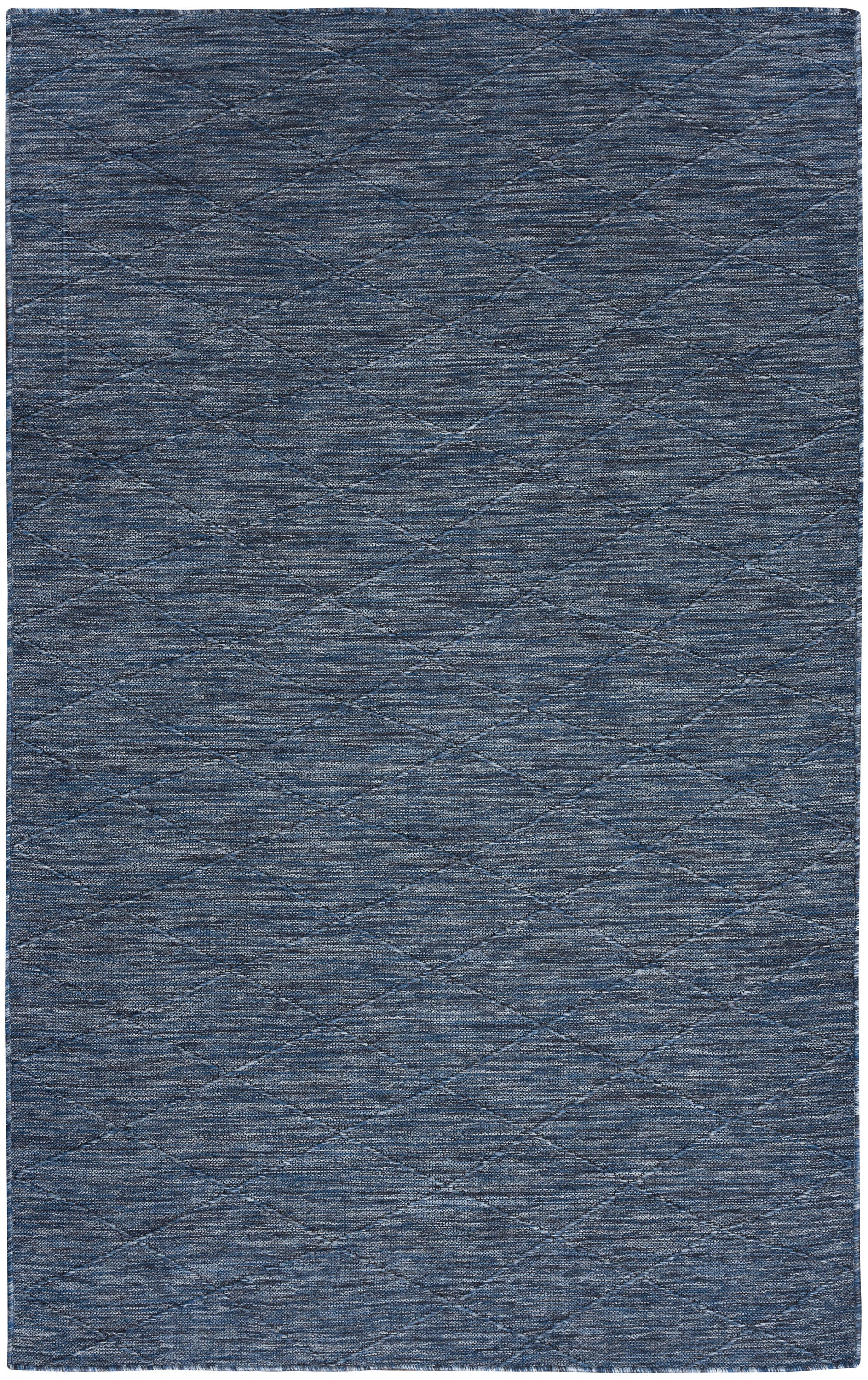 Dark blue woven rug with subtle diagonal texture; rectangular, soft home decor.