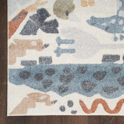 Cream abstract runner rug with pastel blue, tan, gray and orange shapes; plush pile, modern boho-inspired design.