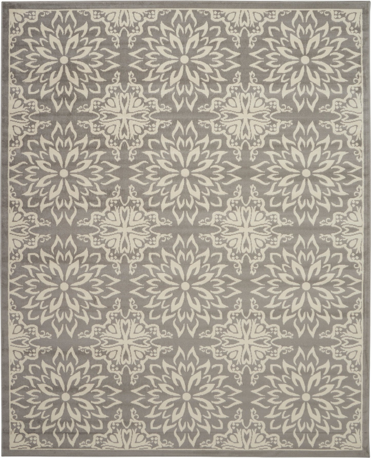 Rectangular gray area rug with repeating ivory floral rosette medallions in a damask-inspired pattern.