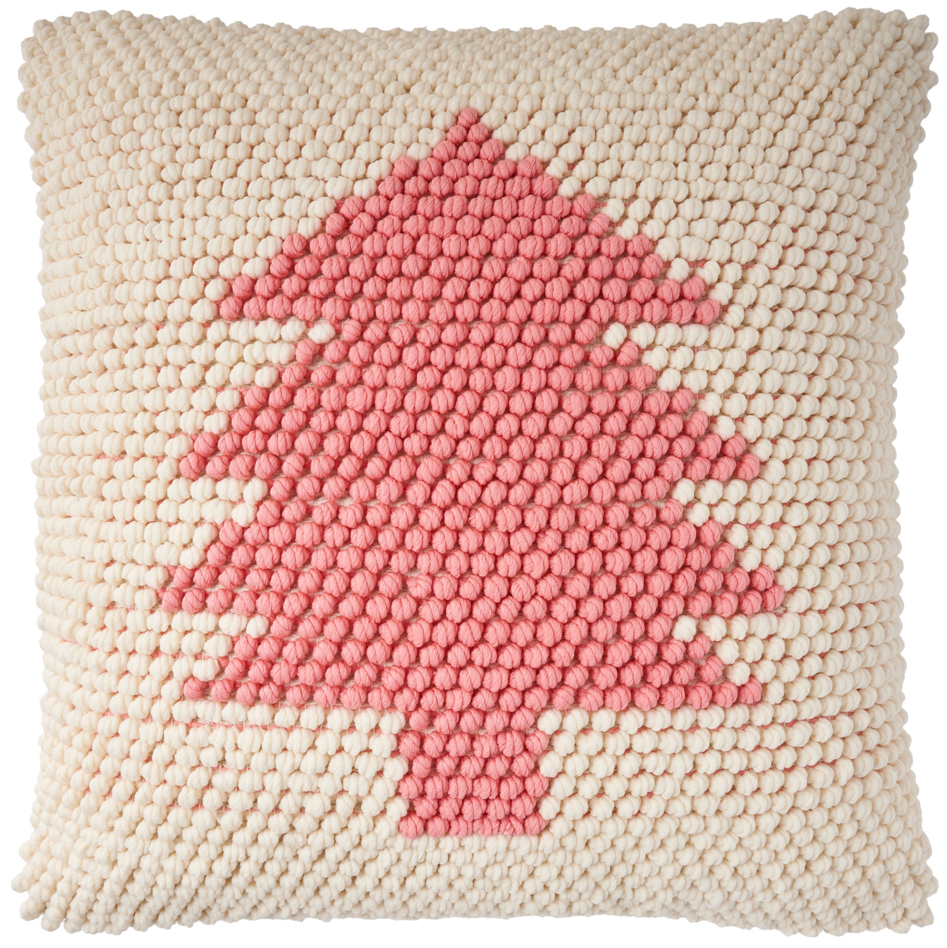 Cream chunky-knit square decorative pillow with pink Christmas tree motif.