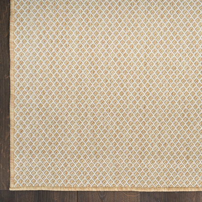 Beige 8' runner rug with a decorative woven border along the bottom edge, laid on a wooden floor.
