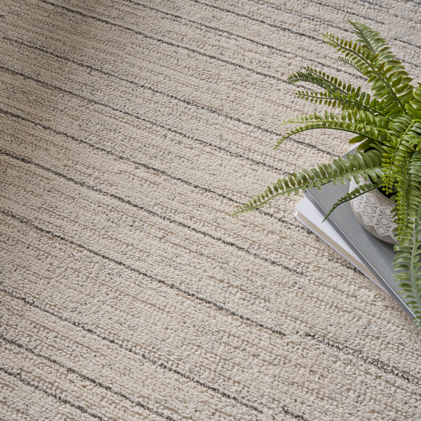 Beige striped textured carpet with a potted fern on stacked books in the corner, natural greens contrast with neutral floor.