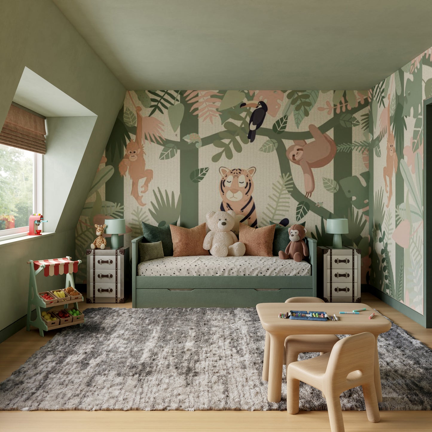 Jungle-themed kids' bedroom with green walls, tiger mural, teal storage bed, plush bears, wooden table and chairs, gray rug.