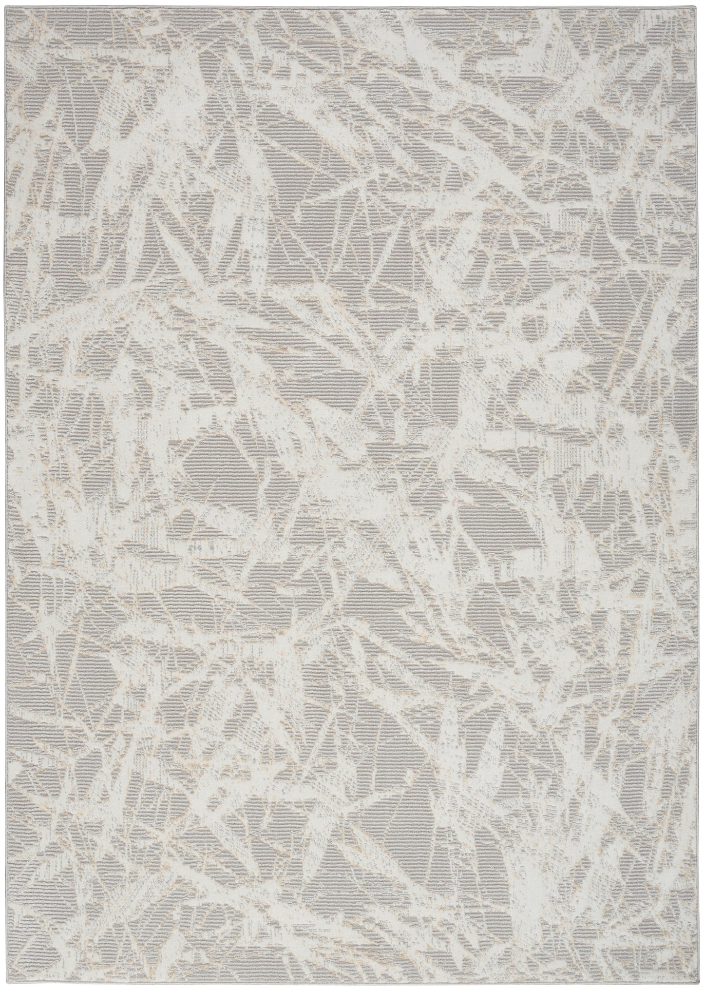 Rectangular rug in soft gray with cream abstract linear pattern; contemporary textured weave.
