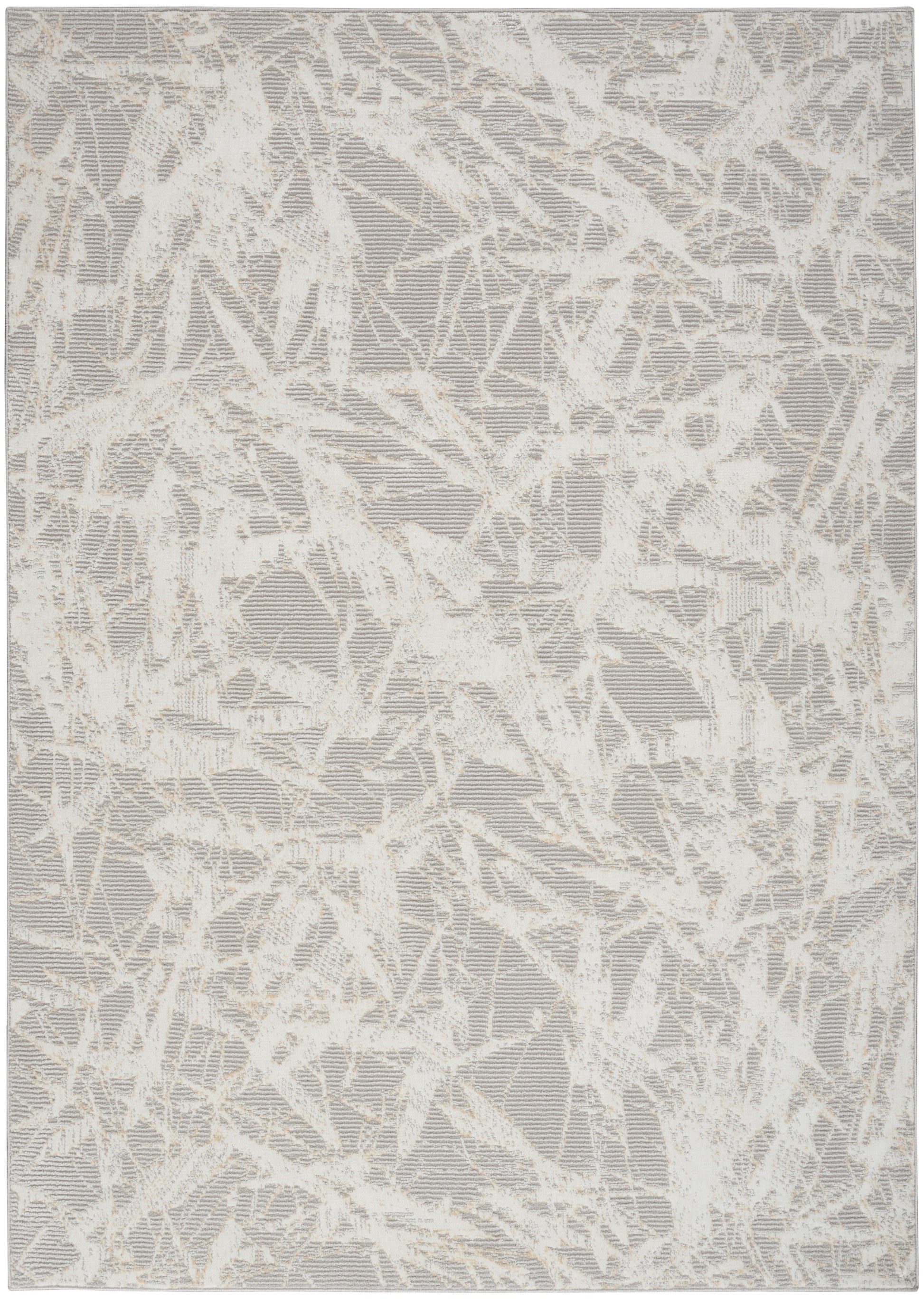 Rectangular rug in soft gray with cream abstract linear pattern; contemporary textured weave.