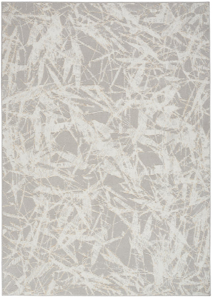 Rectangular rug in soft gray with cream abstract linear pattern; contemporary textured weave.