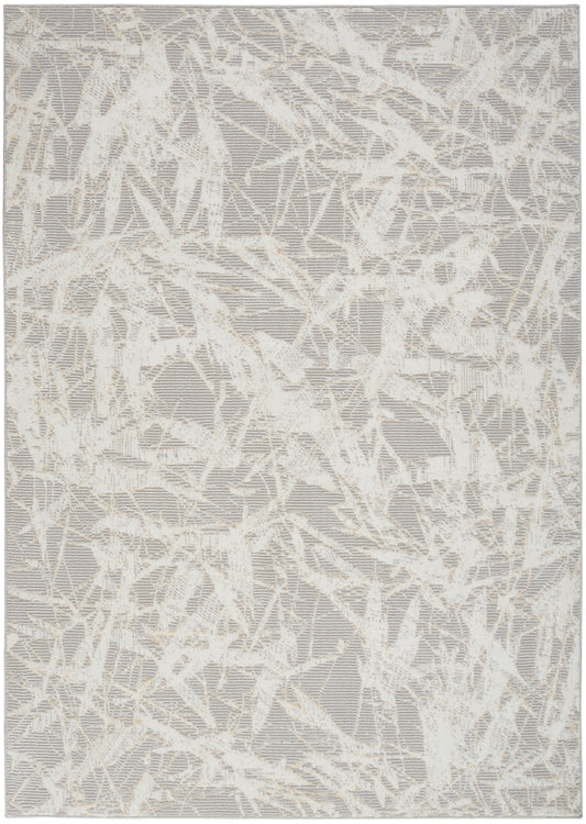 Rectangular rug in soft gray with cream abstract linear pattern; contemporary textured weave.