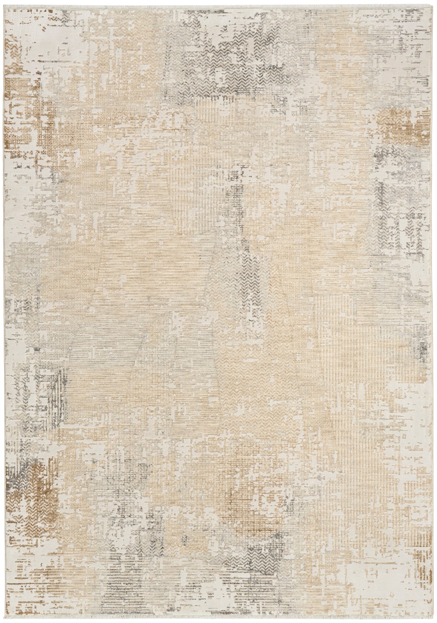 Abstract beige and gray area rug with distressed patchwork pattern; soft, low-pile, versatile living room decor.