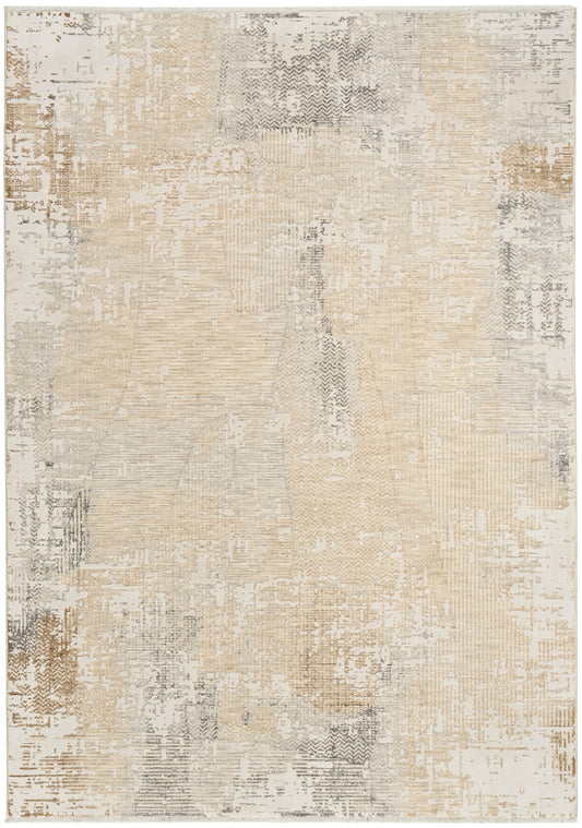 Abstract beige and gray area rug with distressed patchwork pattern; soft, low-pile, versatile living room decor.