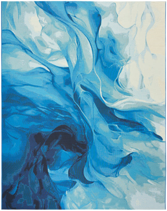 Abstract blue artwork with flowing, ice-like swirls in light and dark blues.