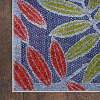 Outdoor blue rug featuring red and green leaf motifs on a dotted pattern with a light gray border; 3' x 4'.