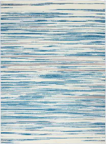 Blue & white striped area rug with irregular brushstroke pattern; soft woven textile, contemporary coastal decor.