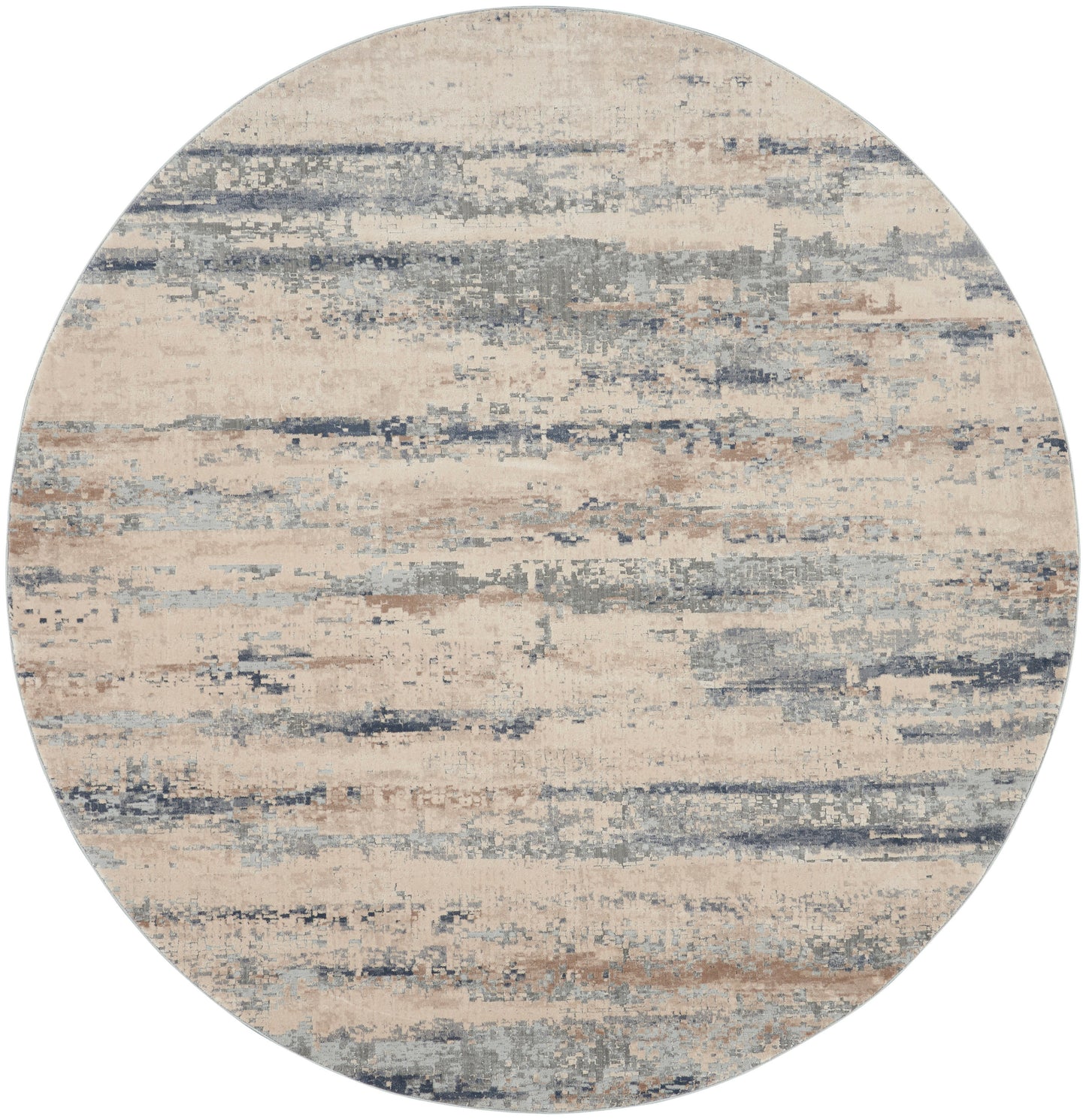 Round area rug with abstract distressed stripes in beige, gray and blue tones.