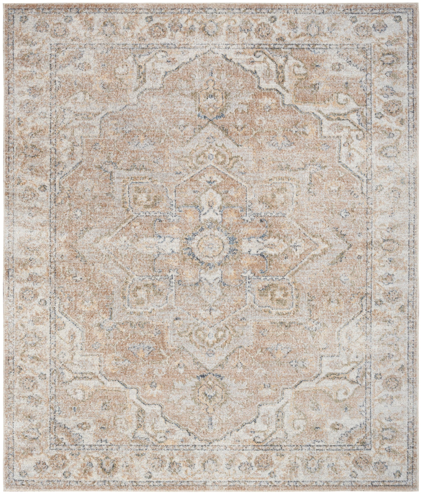 Rectangular vintage-style beige oriental area rug with central medallion, soft blue-gray accents and ornate border.