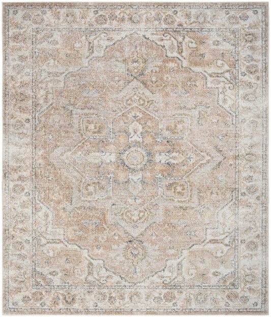 Rectangular vintage-style beige oriental area rug with central medallion, soft blue-gray accents and ornate border.