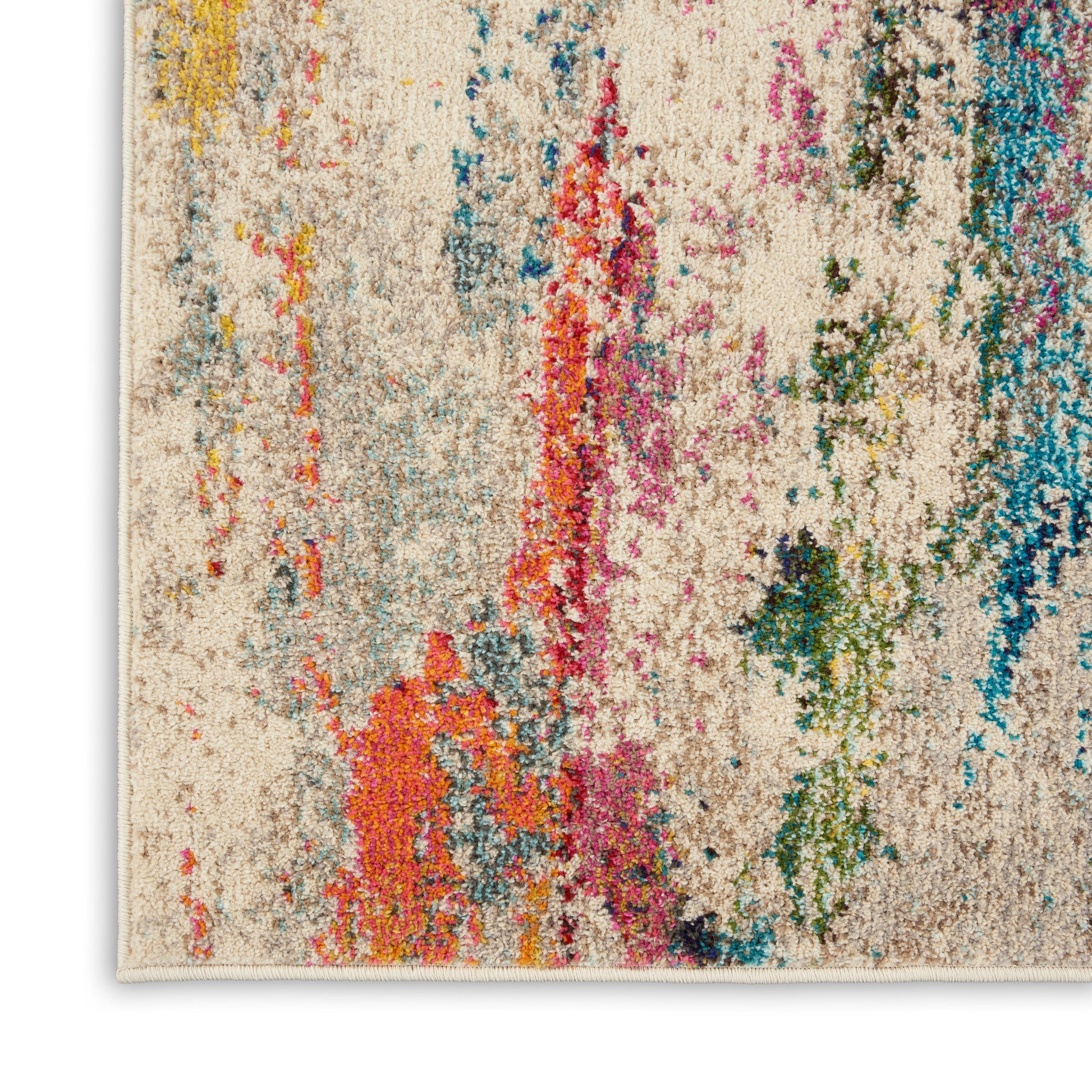 Beige base abstract rug with vibrant pink, orange, blue and green streaks and plush pile.