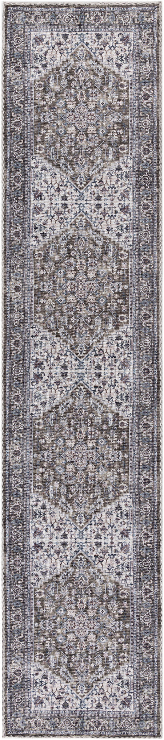 Long Persian-style runner rug with ivory, beige, blue & gray medallions & floral border.