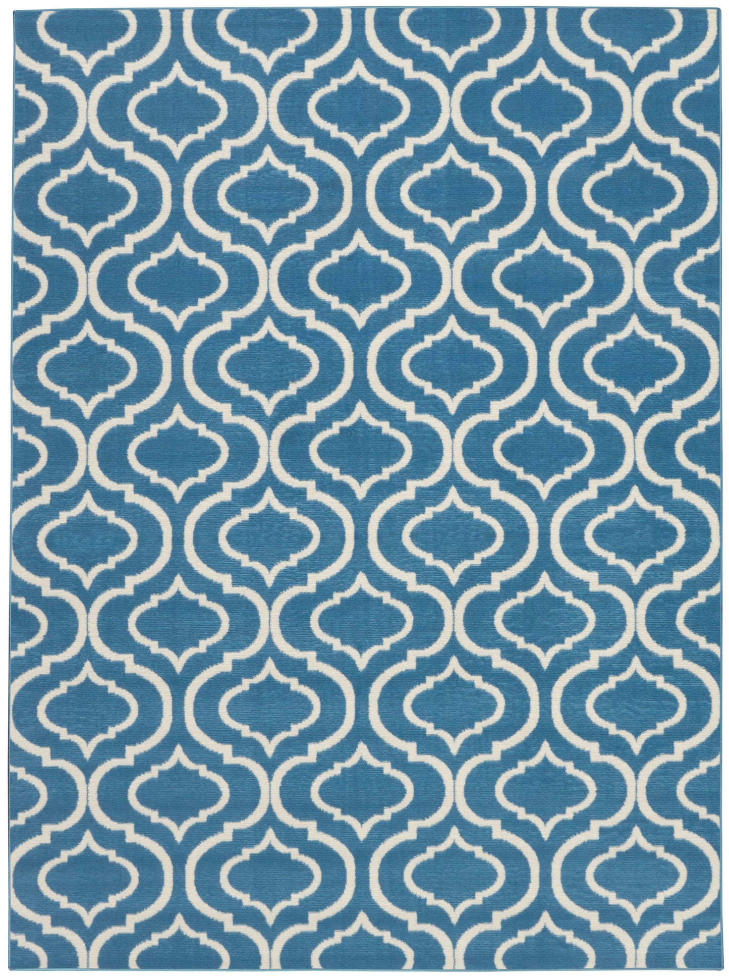 Blue rug with white geometric trellis pattern; repeating lattice shapes for modern, versatile decor.