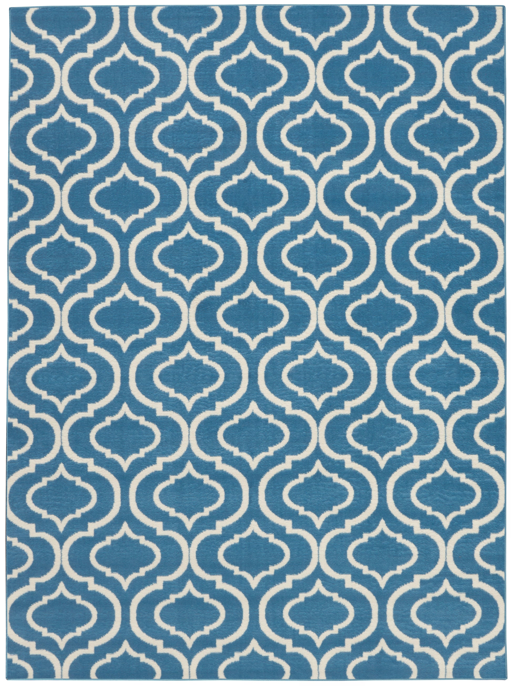 Blue rug with white geometric trellis pattern; repeating lattice shapes for modern, versatile decor.