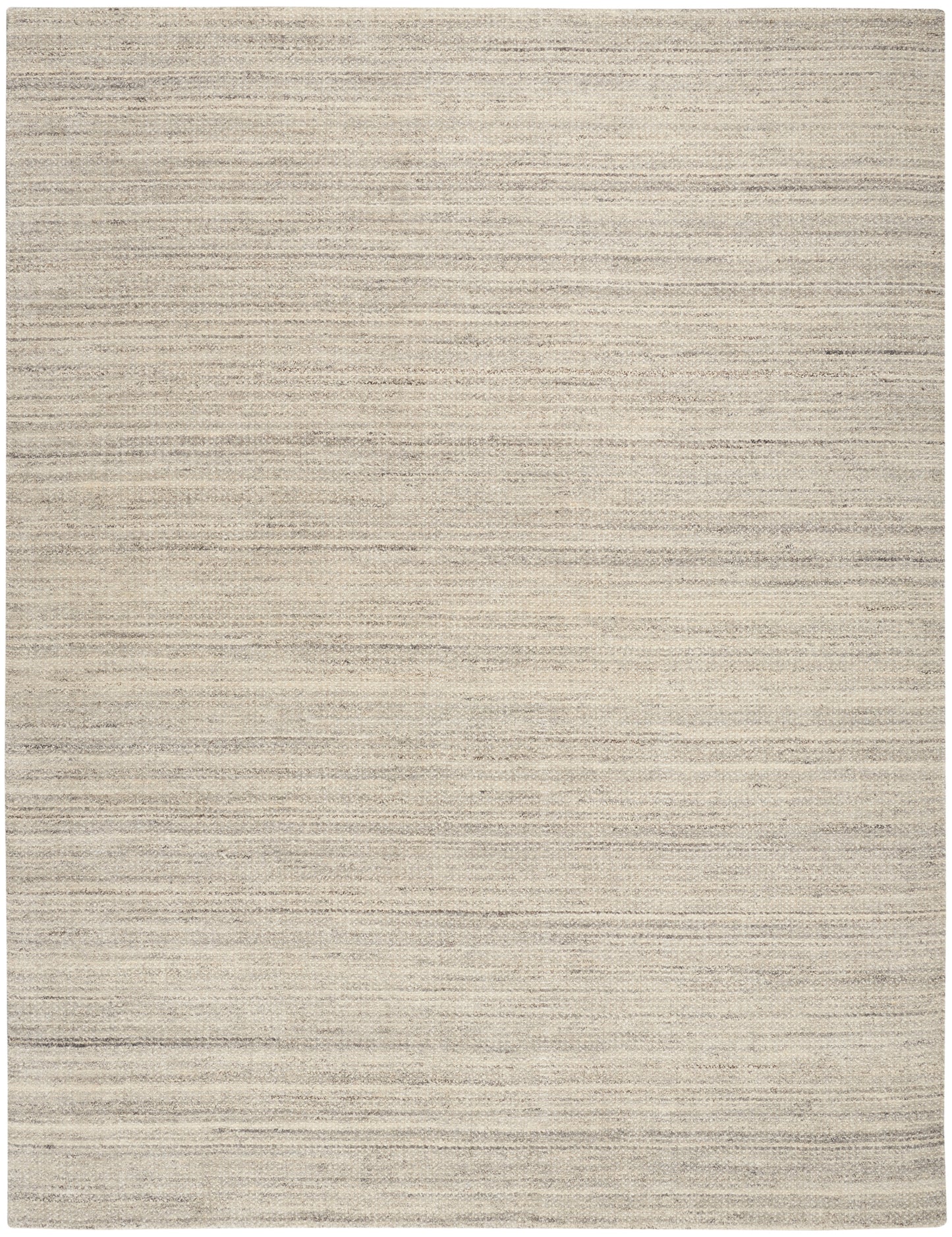 Beige flat-weave rug with subtle horizontal stripes and natural linen texture; rectangular living-room area rug.