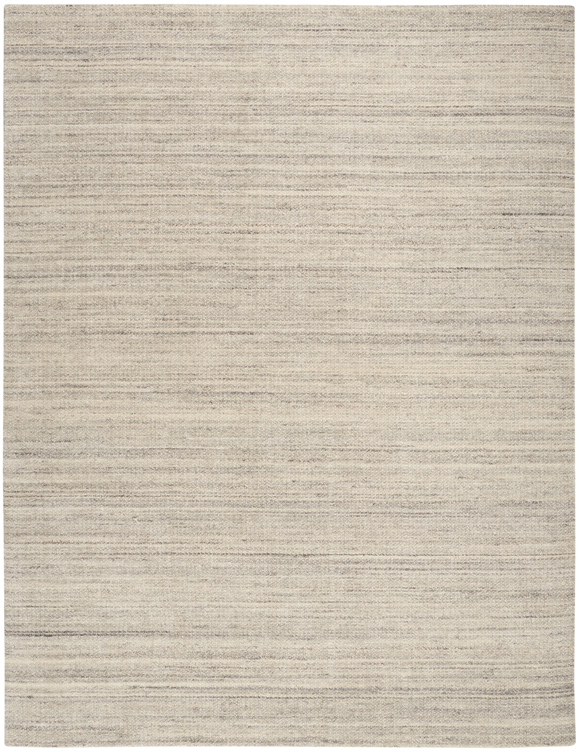 Beige flat-weave rug with subtle horizontal stripes and natural linen texture; rectangular living-room area rug.