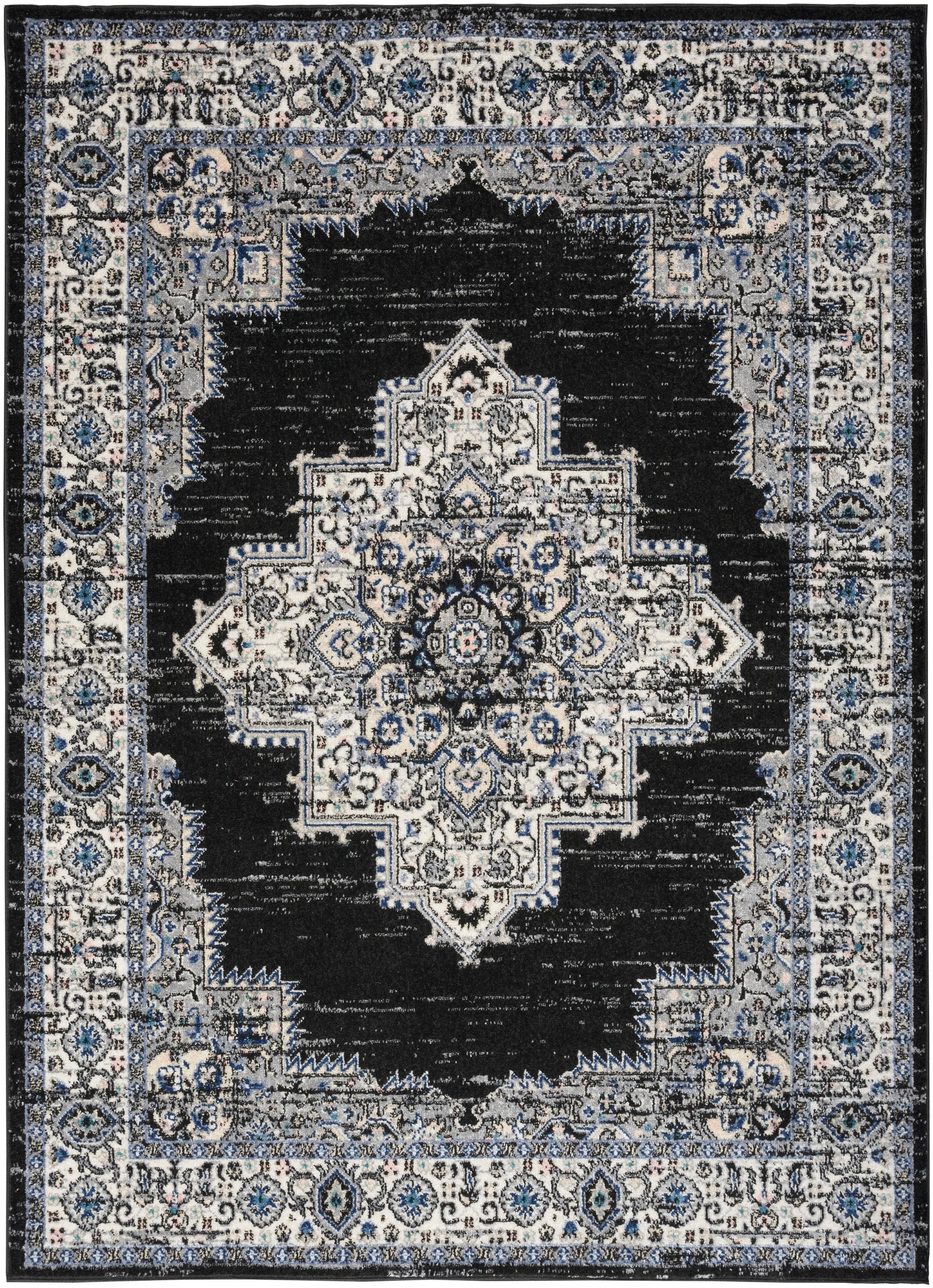 Rectangular Persian-style area rug with ivory central medallion on a black field and blue-gray border.