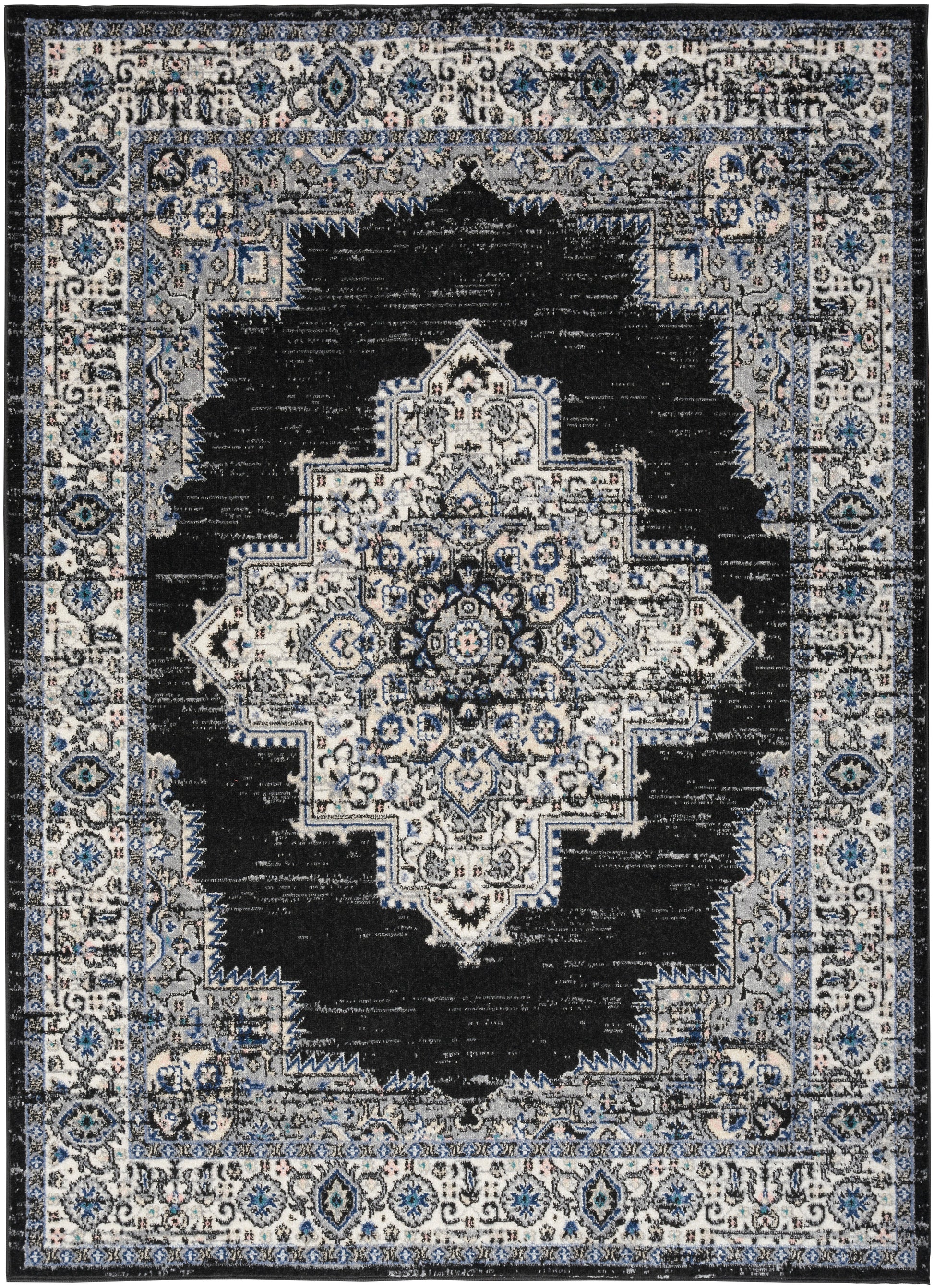 Rectangular Persian-style area rug with ivory central medallion on a black field and blue-gray border.