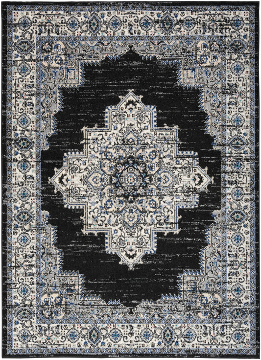 Rectangular Persian-style area rug with ivory central medallion on a black field and blue-gray border.