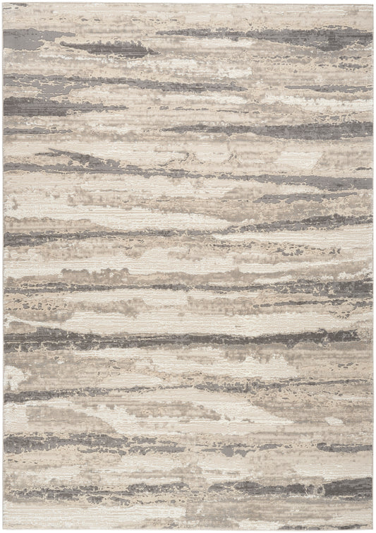 Neutral abstract rug with beige, taupe and gray horizontal brushstroke pattern.