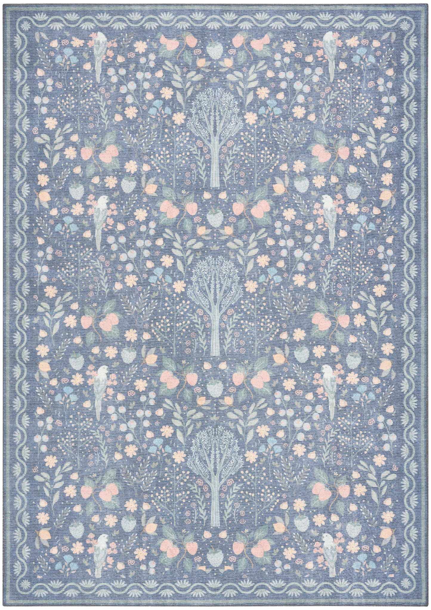 Blue floral area rug with pastel pink and pale yellow blossoms and a decorative border in a modern motif.
