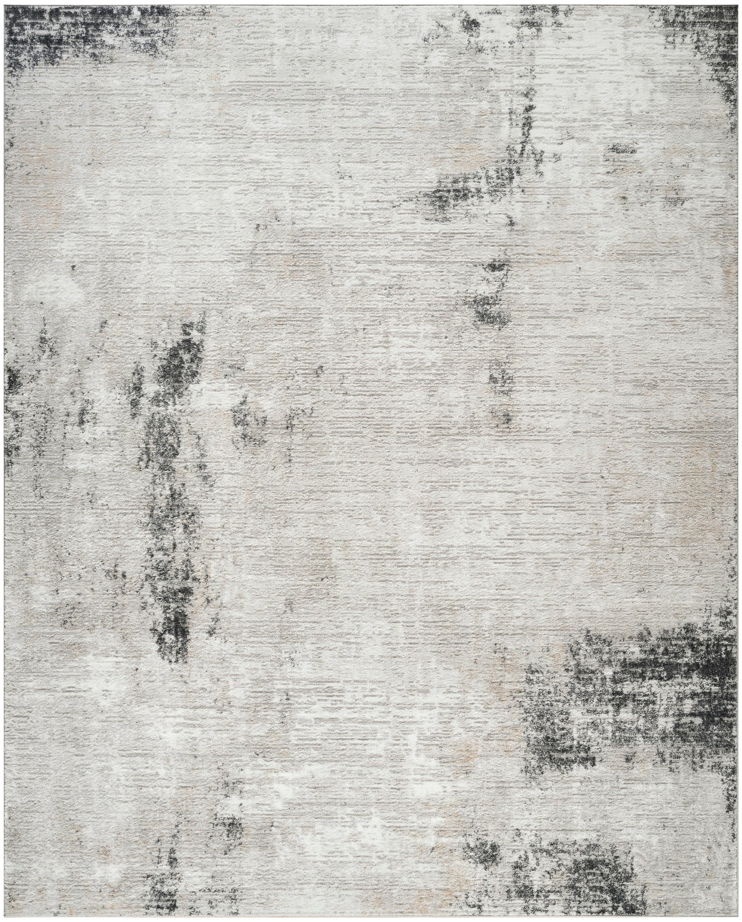 Rectangular distressed rug in ivory and light gray with charcoal patches; modern abstract floor covering for living spaces.