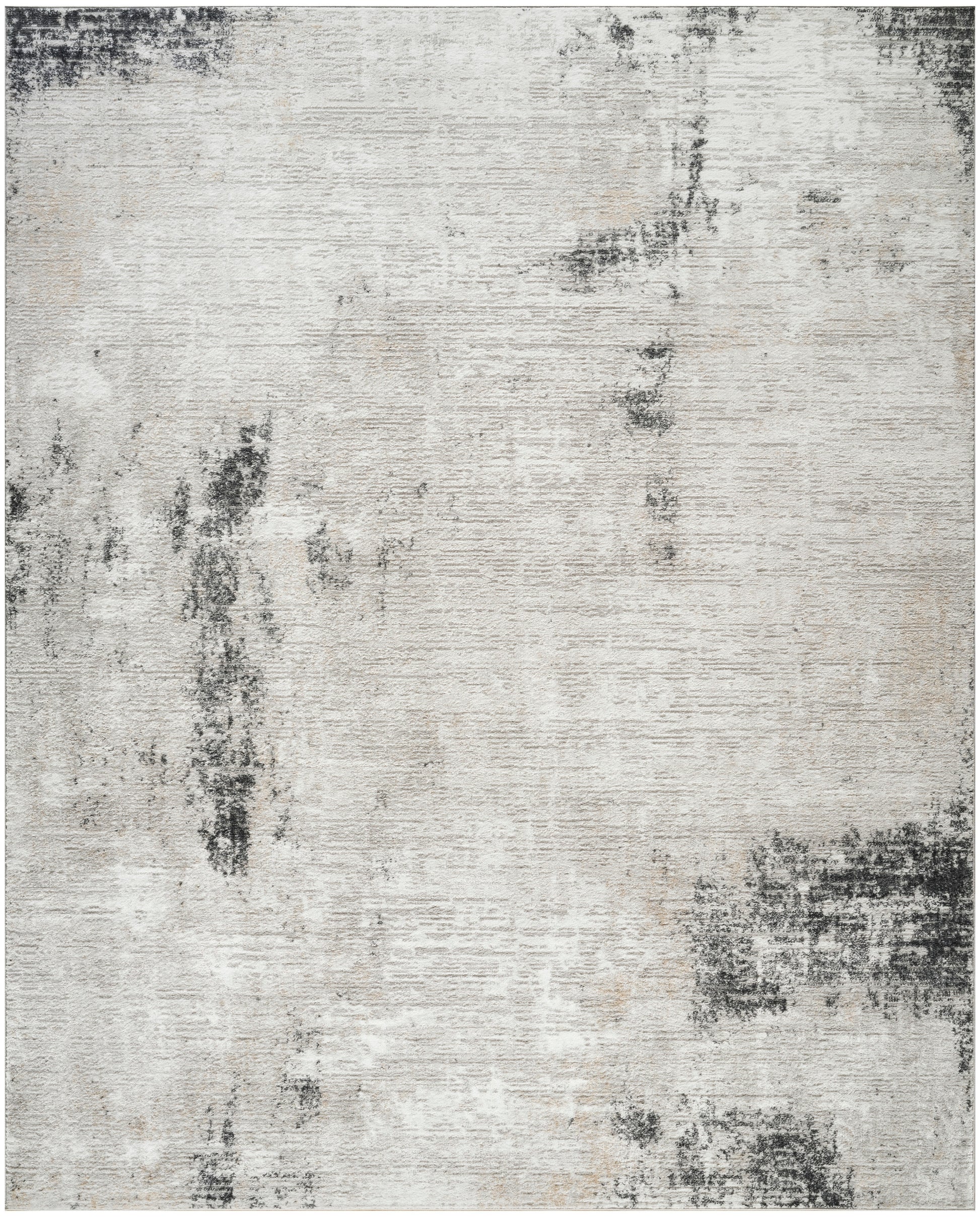 Rectangular distressed rug in ivory and light gray with charcoal patches; modern abstract floor covering for living spaces.