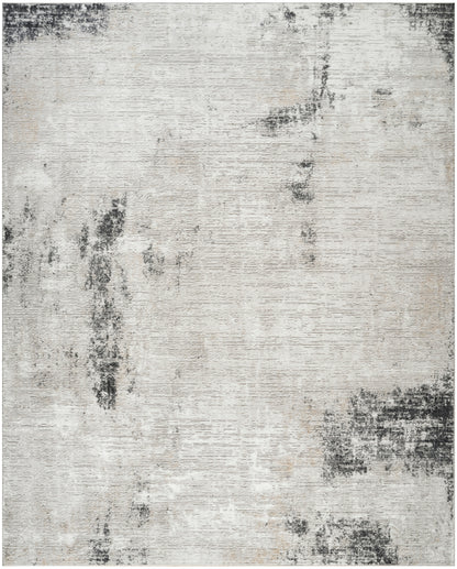 Rectangular distressed rug in ivory and light gray with charcoal patches; modern abstract floor covering for living spaces.