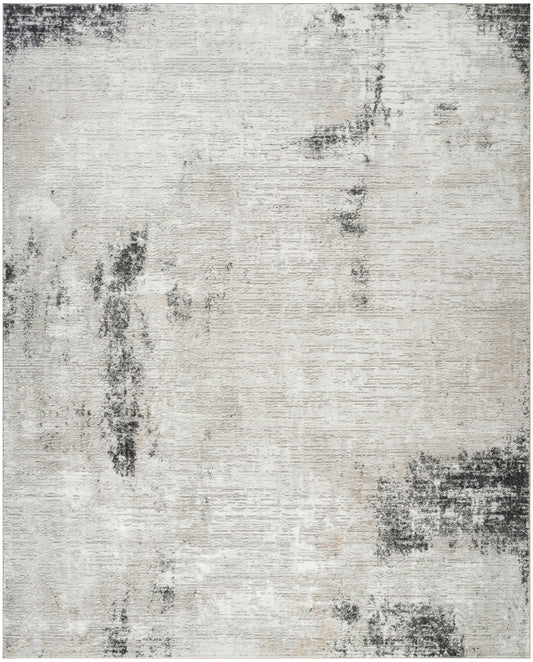 Rectangular distressed rug in ivory and light gray with charcoal patches; modern abstract floor covering for living spaces.