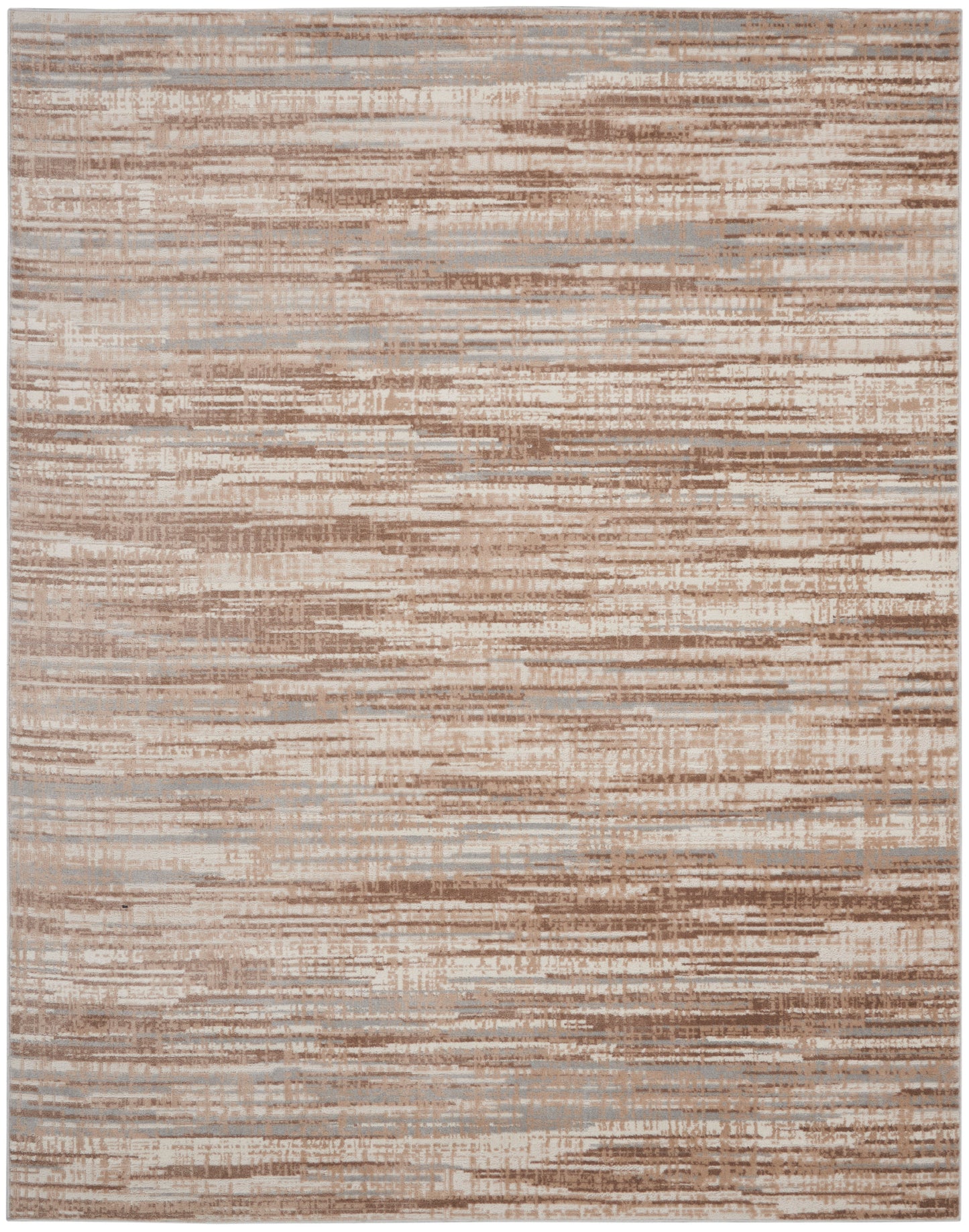 Neutral abstract rug with beige, taupe & brown horizontal brushstroke pattern; modern living room decor.
