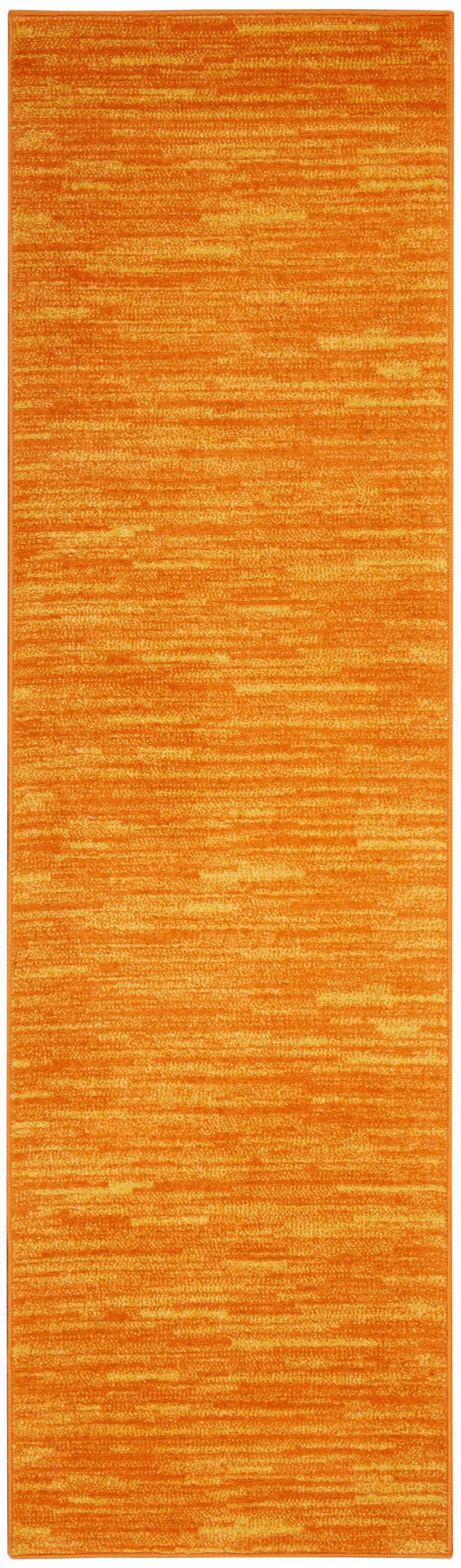 Orange textured outdoor rug runner with a subtle marbled pattern, long and narrow.