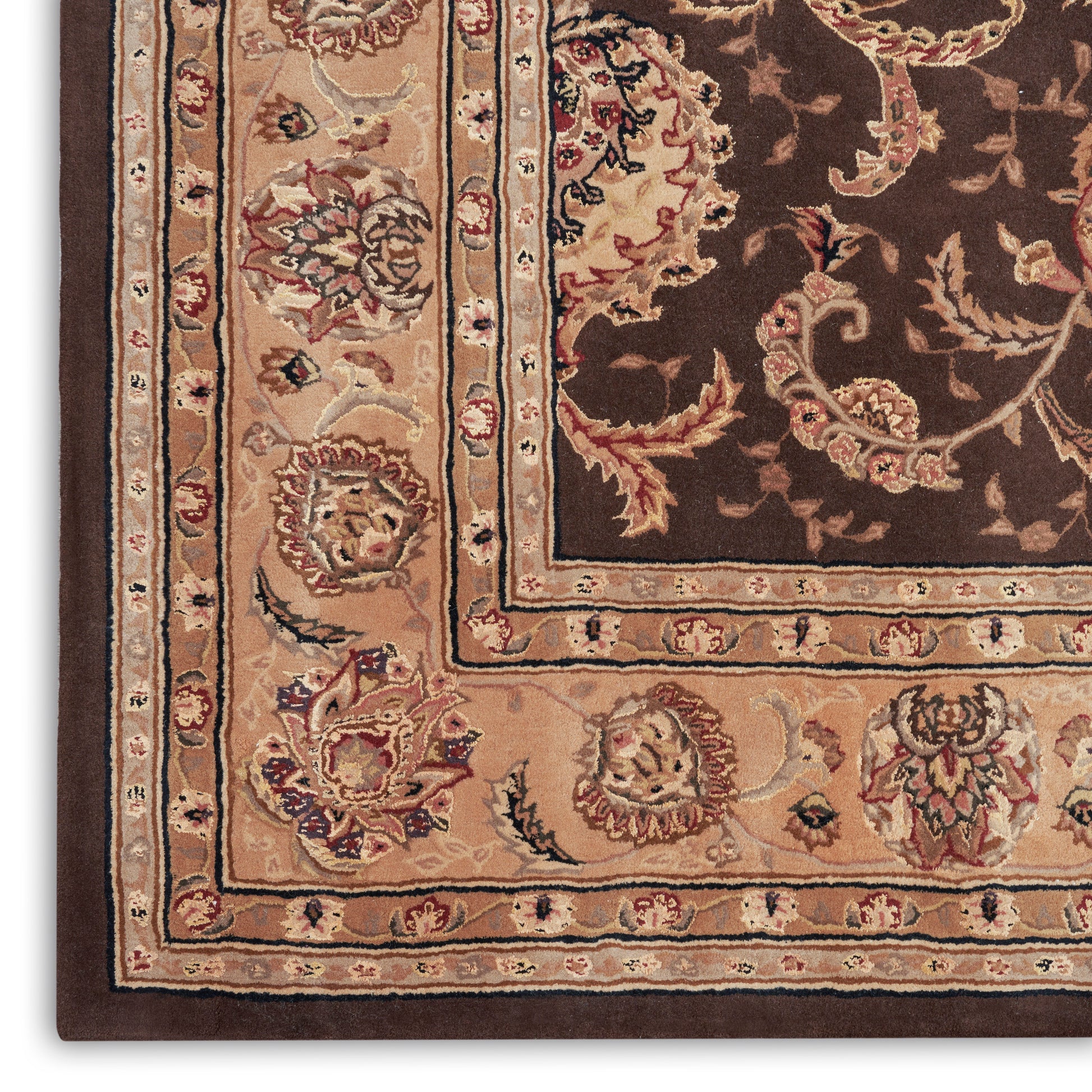 Traditional Persian-style area rug corner in beige, cream and chocolate brown with ornate floral border.