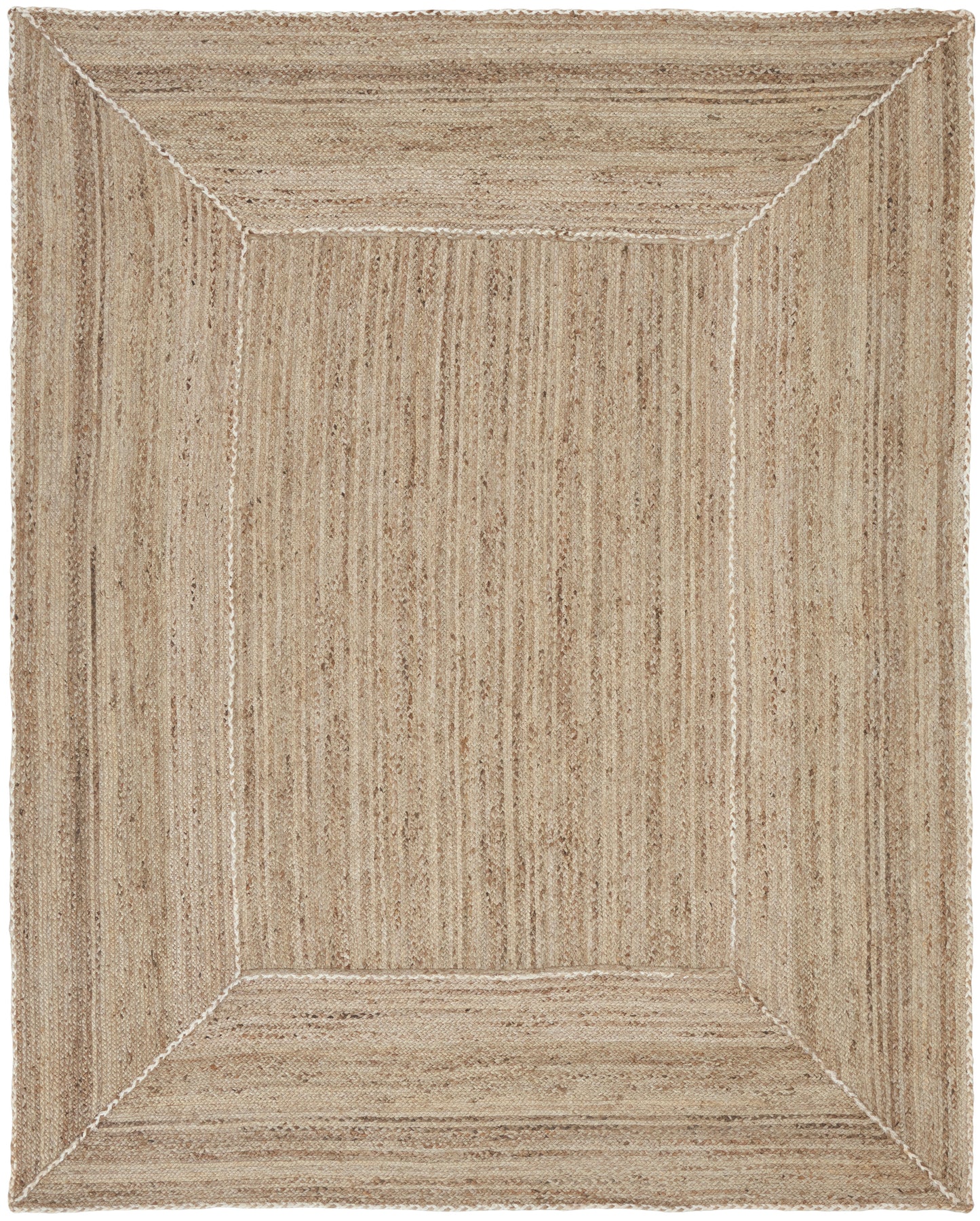 Beige rectangular woven rug with a frame-like bordered panel; natural fiber jute texture, rustic coastal style.