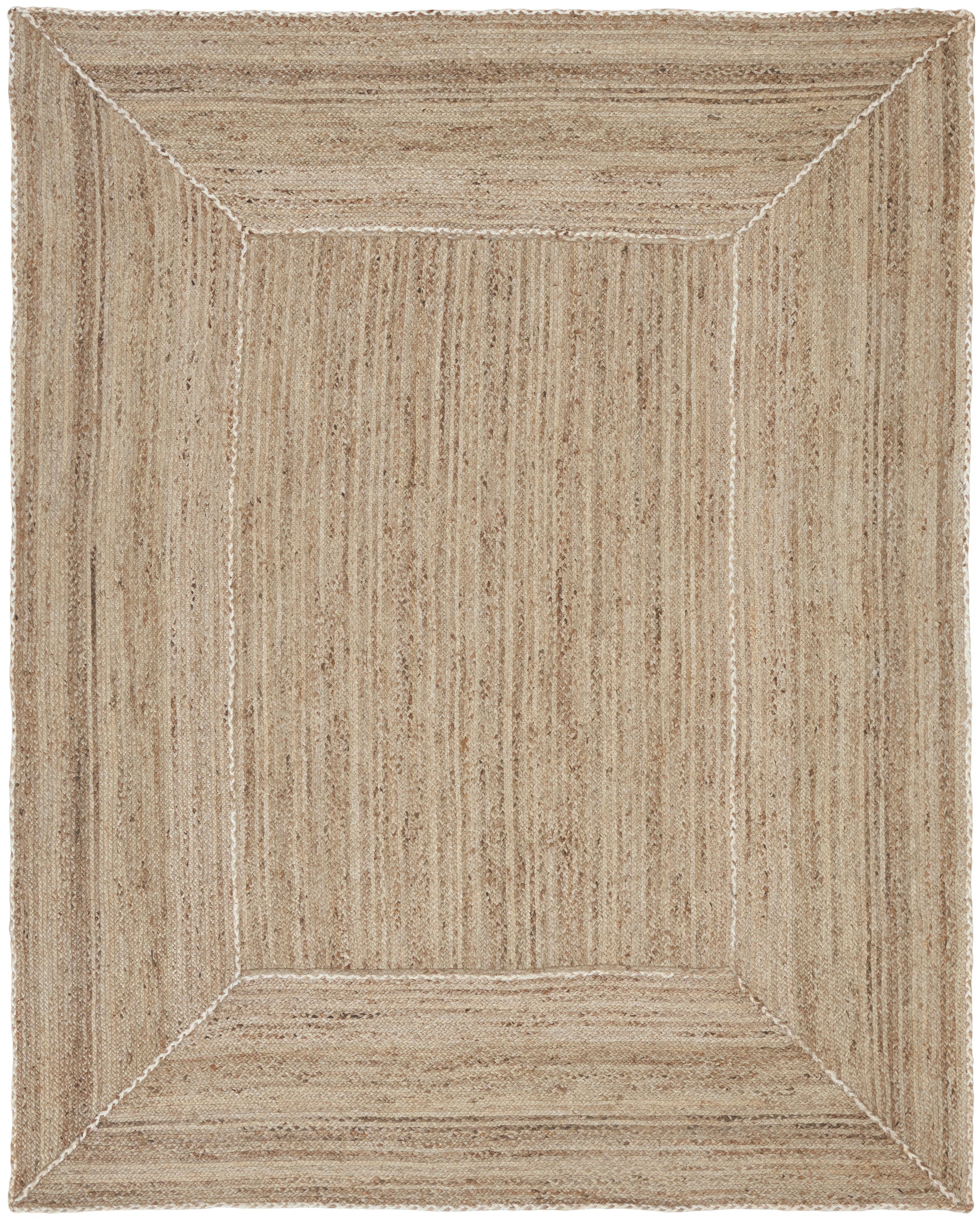 Beige rectangular woven rug with a frame-like bordered panel; natural fiber jute texture, rustic coastal style.