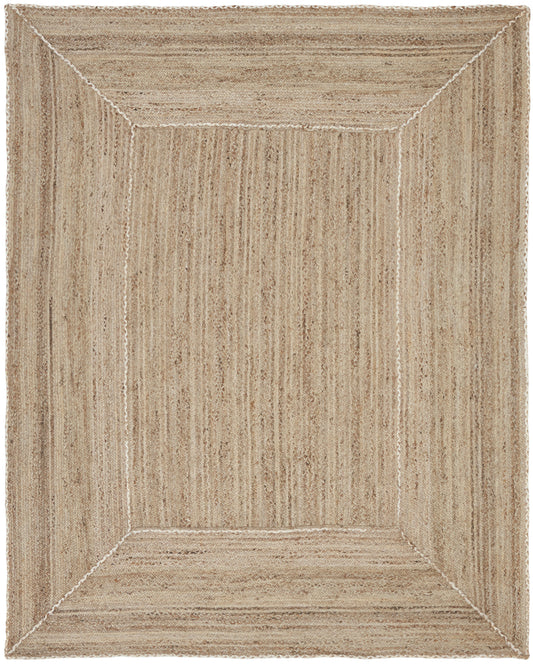 Beige rectangular woven rug with a frame-like bordered panel; natural fiber jute texture, rustic coastal style.